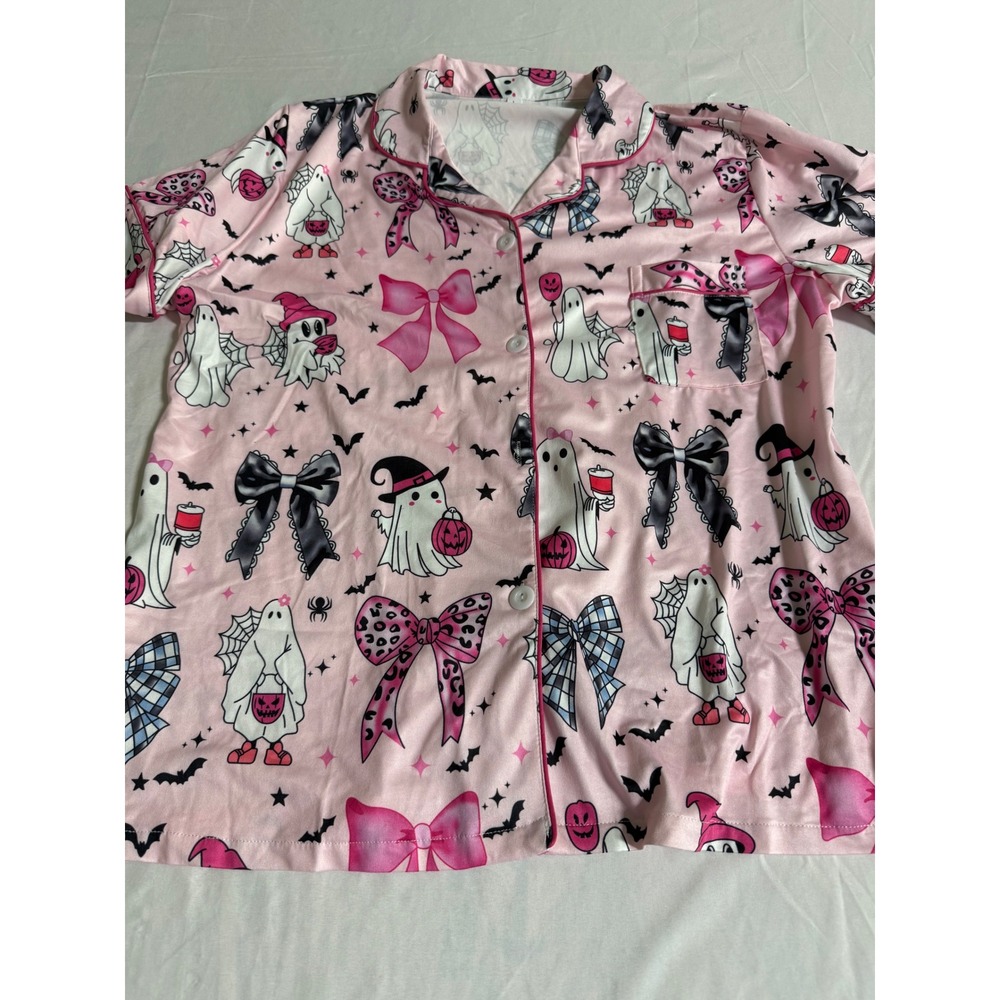 Pink Halloween Ghost Bow Pajama Set Short Sleeve Button Down Shorts Womens Large - Picture 3 of 11